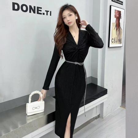 FA49320# 秋冬新款名媛气质性感修身包臀长袖打底开叉连衣裙