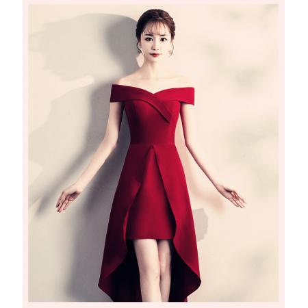 FA49322# 新款结婚礼服订婚红色一字肩高贵晚礼服裙女