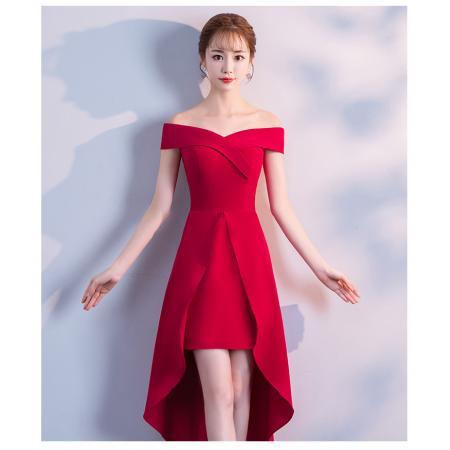 FA49322# 新款结婚礼服订婚红色一字肩高贵晚礼服裙女