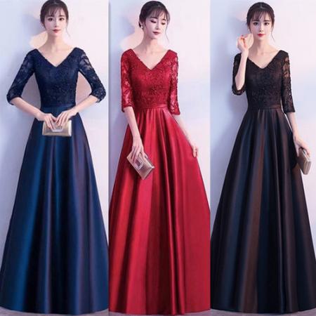 FA49324# 晚礼服公司宴会主持人长款v领长袖显瘦派对长裙连衣