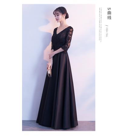 FA49324# 晚礼服公司宴会主持人长款v领长袖显瘦派对长裙连衣