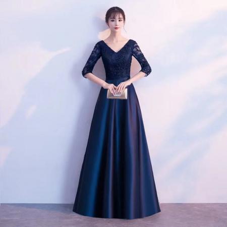 FA49324# 晚礼服公司宴会主持人长款v领长袖显瘦派对长裙连衣