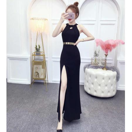 新款晚礼服女宴会高贵优雅黑色挂脖长款性感生日派对小礼服裙