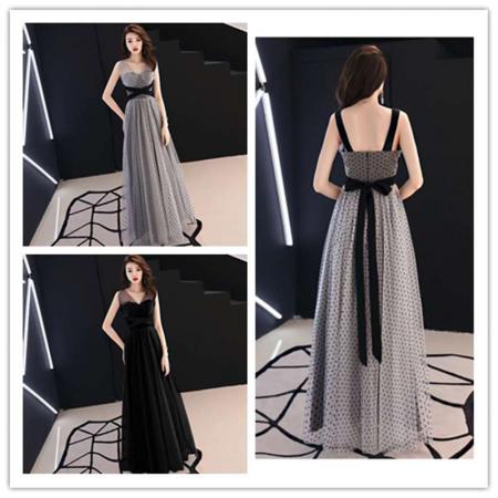 新款晚礼服长款优雅气质淑女蝴蝶结修身宴会派对长裙波点连衣