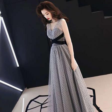 新款晚礼服长款优雅气质淑女蝴蝶结修身宴会派对长裙波点连衣