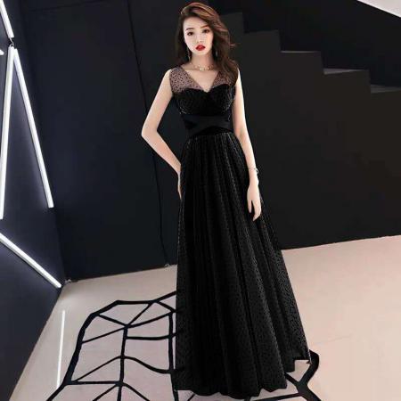 新款晚礼服长款优雅气质淑女蝴蝶结修身宴会派对长裙波点连衣