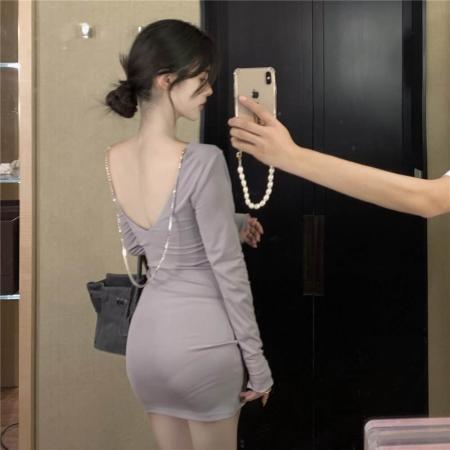 新款性感露背秋冬季紧身钻链修身显瘦洋气包臀连衣裙短