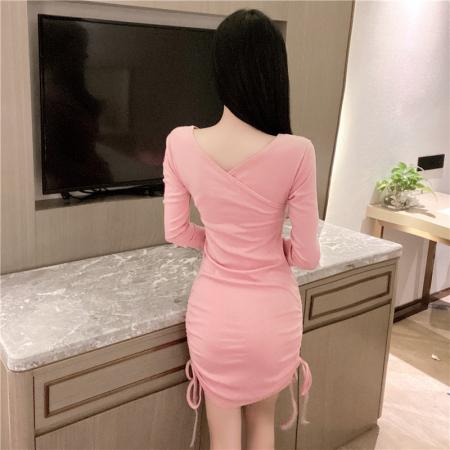 新款性感修身显瘦v领气质收腰抽绳包臀连衣裙