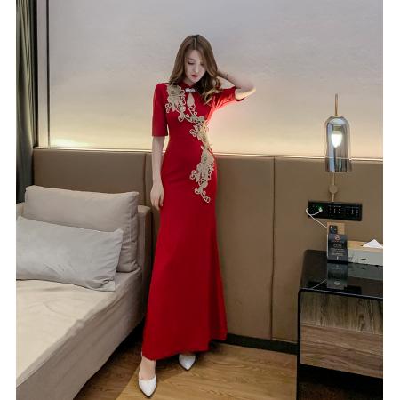 新款精致敬酒礼服改良旗袍秋新款立领五分袖收腰包臀连衣裙