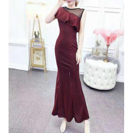 新款修身显瘦包臀时尚网纱拼接不规则荷叶袖弹力亮丝鱼尾裙