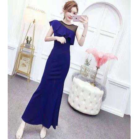 新款修身显瘦包臀时尚网纱拼接不规则荷叶袖弹力亮丝鱼尾裙