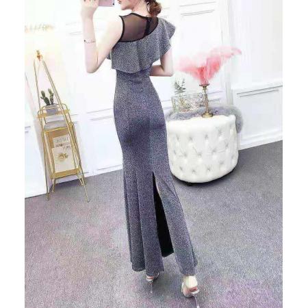 新款修身显瘦包臀时尚网纱拼接不规则荷叶袖弹力亮丝鱼尾裙