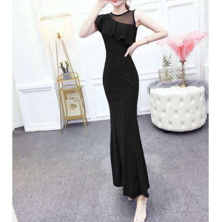 新款修身显瘦包臀时尚网纱拼接不规则荷叶袖弹力亮丝鱼尾裙