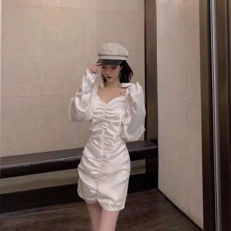 新款edacity吊带连衣裙高腰修身一字领法国小众真丝仙女裙