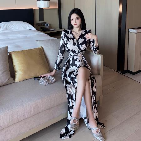 新款印花复古系带遮肉长袖显瘦v领连衣裙