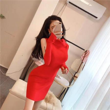 新款韩版宽松加厚半高领打底针织衫毛衣连衣裙