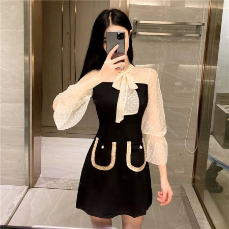 新款蝴蝶结系带长袖小香风网纱拼接连衣裙