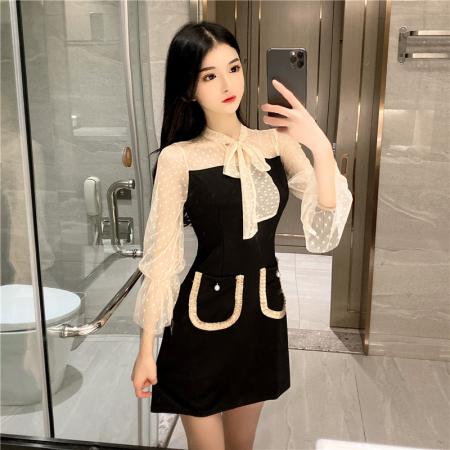 新款蝴蝶结系带长袖小香风网纱拼接连衣裙