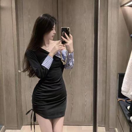 新款设计感拼接不规则露肩修身法式连衣裙