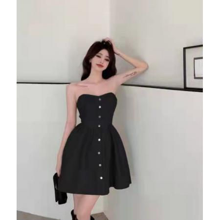 新款高腰褶皱抹胸修身皮质连衣裙