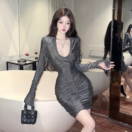 新款修身气质闪闪银丝辣妹包臀紧身显瘦包臀连衣裙