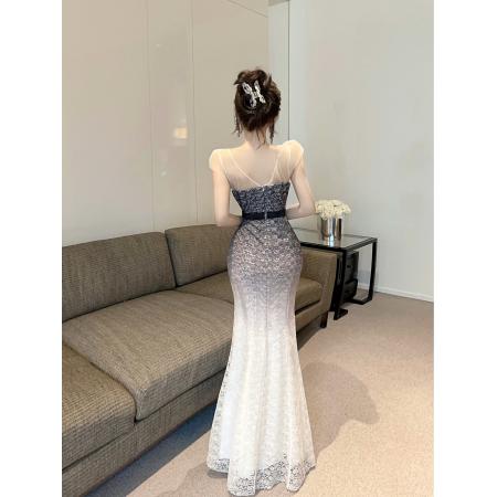 新款高端礼服性感高档气质修身长款遮肉渐变连衣裙