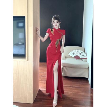 新款走秀旗袍高级感模特高端大气舞台演出服开叉鱼尾连衣裙