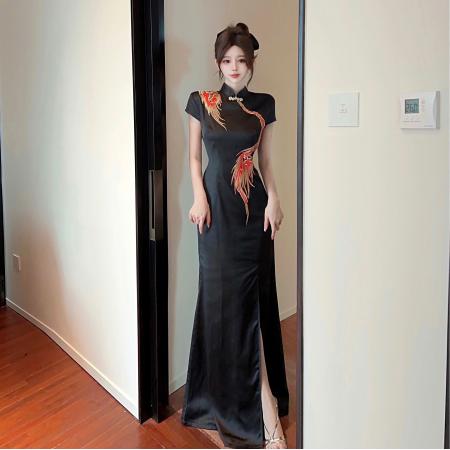 新款走秀旗袍高级感模特高端大气舞台演出服开叉鱼尾连衣裙