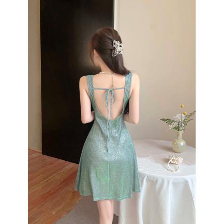 新款欧美小众露背撞色拼接A字裙显瘦吊带连衣裙