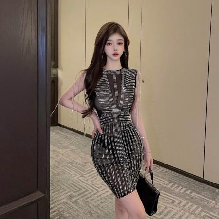 新款欧美性感网纱烫钻无袖流苏包臀派对连衣裙