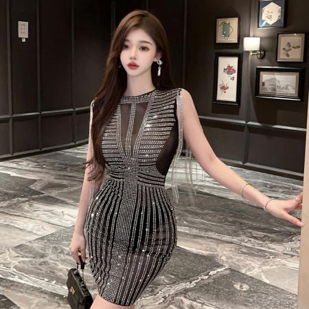 新款欧美性感网纱烫钻无袖流苏包臀派对连衣裙