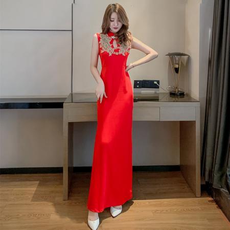 气质名媛刺绣复古改良旗袍晚礼服修身显瘦包臀开叉鱼尾裙