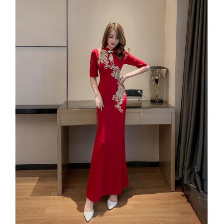 精致敬酒礼服改良旗袍秋新款立领五分袖收腰包臀连衣裙