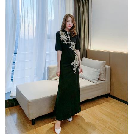 精致敬酒礼服改良旗袍秋新款立领五分袖收腰包臀连衣裙