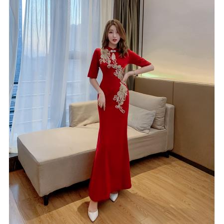 精致敬酒礼服改良旗袍秋新款立领五分袖收腰包臀连衣裙