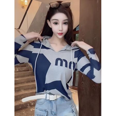 LN76386# 秋季新款连帽字母图案拼色打底衫T恤女时尚套头上衣