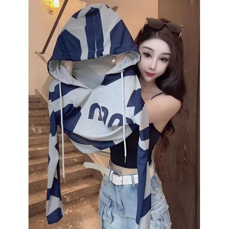 LN76386# 秋季新款连帽字母图案拼色打底衫T恤女时尚套头上衣