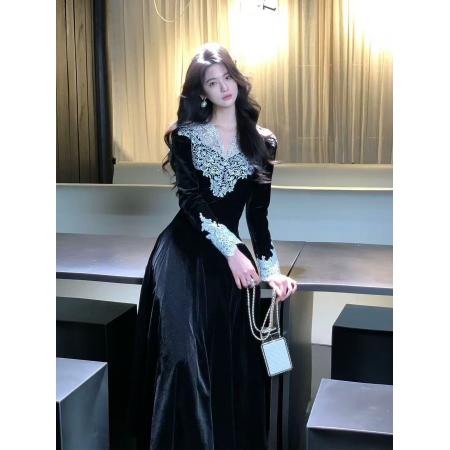 FA49406# 从一时刻撒旦之花蕾丝花边V领长袖丝绒连衣裙收腰A摆长短裙 服裝批發女裝批發服飾貨源