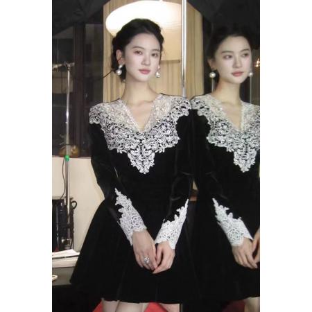 FA49406# 从一时刻撒旦之花蕾丝花边V领长袖丝绒连衣裙收腰A摆长短裙 服裝批發女裝批發服飾貨源