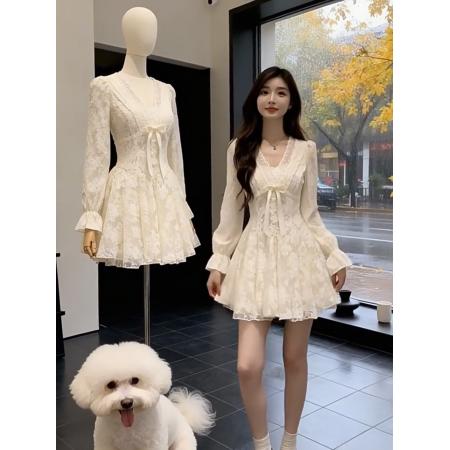 FA49407# 法式千金风高端精致V领蕾丝连衣裙女装秋冬新款生日礼服a字裙 服裝批發女裝批發服飾貨源