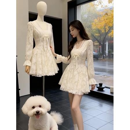 FA49407# 法式千金风高端精致V领蕾丝连衣裙女装秋冬新款生日礼服a字裙 服裝批發女裝批發服飾貨源