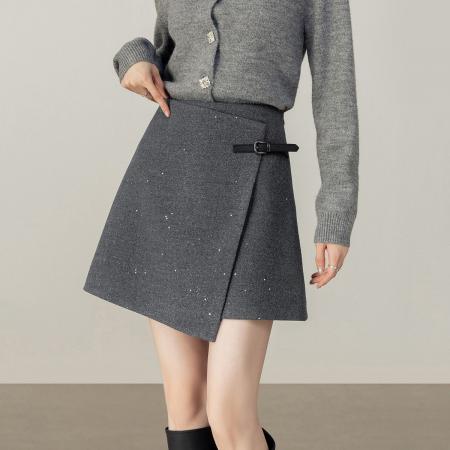 FA49408# 格雷系皮袢扣交叠毛呢半身裙短款秋冬款新品高品质显瘦短裙小个子 服裝批發女裝批發服飾貨源
