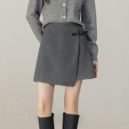 FA49408# 格雷系皮袢扣交叠毛呢半身裙短款秋冬款新品高品质显瘦短裙小个子 服裝批發女裝批發服飾貨源
