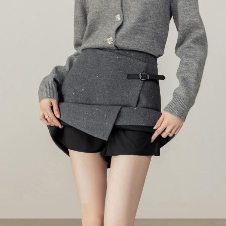 FA49408# 格雷系皮袢扣交叠毛呢半身裙短款秋冬款新品高品质显瘦短裙小个子 服裝批發女裝批發服飾貨源