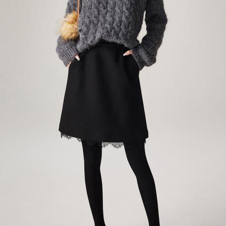 FA49409# 蕾丝花边拼接毛呢高腰显瘦A字半身裙秋冬季新款时尚通勤短裙 服裝批發女裝批發服飾貨源