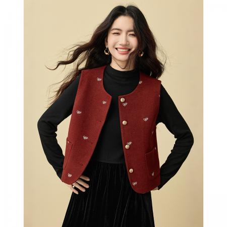 FA49410# 东方美学秋冬25新款时尚质感精致保暖毛呢绣花圆领马夹 服裝批發女裝批發服飾貨源