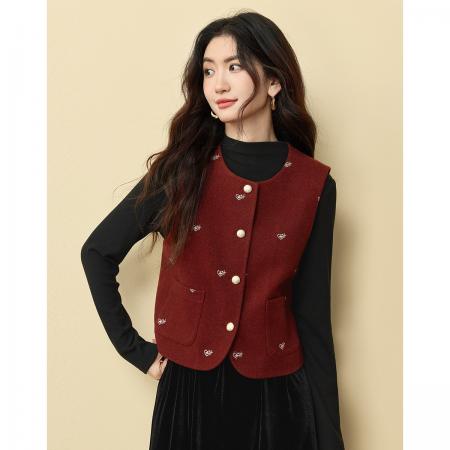 FA49410# 东方美学秋冬25新款时尚质感精致保暖毛呢绣花圆领马夹 服裝批發女裝批發服飾貨源