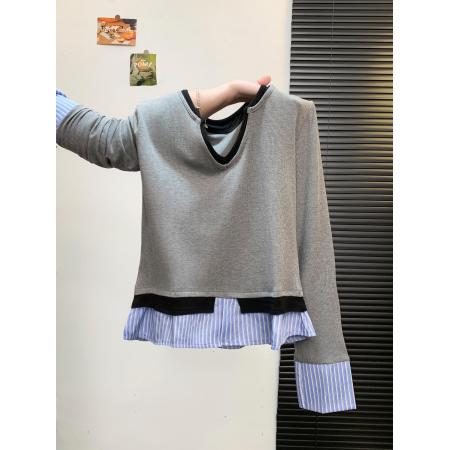 韩版冬季气质叠穿拼接衬衫假三件V领打底针织衫女 服裝批發女裝批發服飾貨源