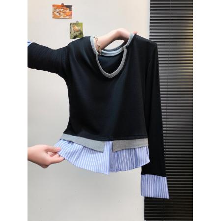 韩版冬季气质叠穿拼接衬衫假三件V领打底针织衫女 服裝批發女裝批發服飾貨源