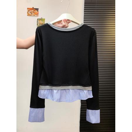 韩版冬季气质叠穿拼接衬衫假三件V领打底针织衫女 服裝批發女裝批發服飾貨源